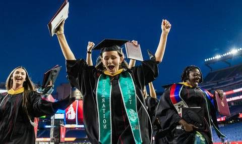 Graduate students celebrate after receiving degrees